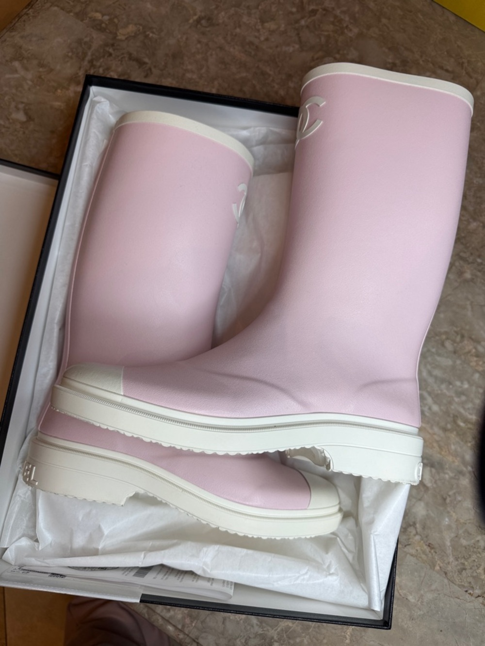 CHANEL Pale Pink and White Rubber Knee-High Rain Boots - Picture 7 of 11